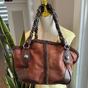 CASADEI Brown Shearling-Trim Tote Bag